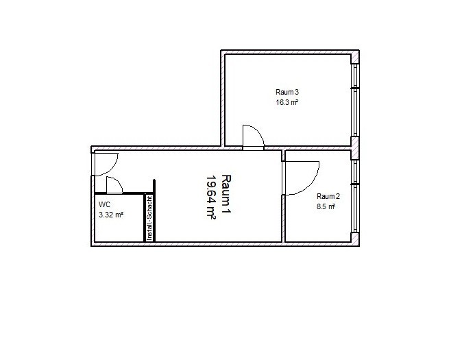 Der Grundriss zeigt eine Wohnung mit drei Räumen und einem WC, ideal für Mieten in Magdeburg.