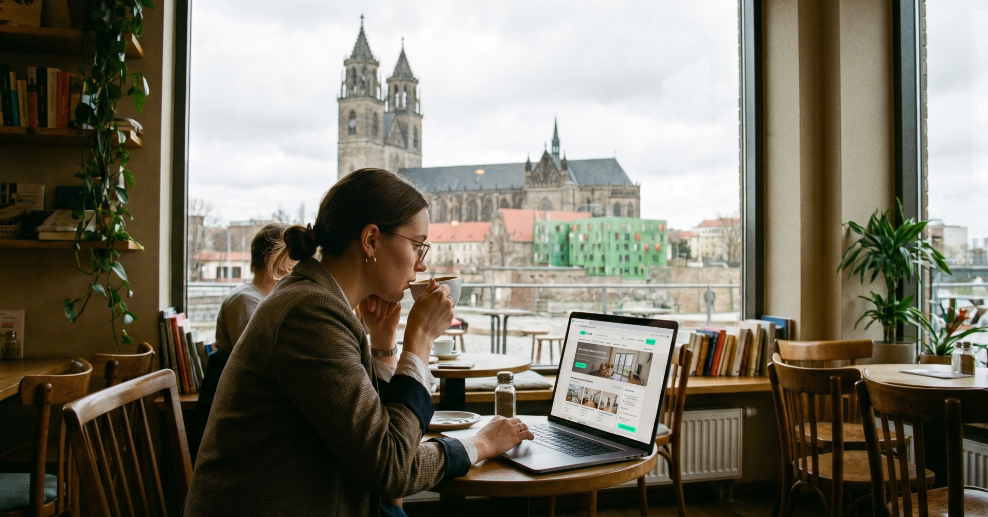 Eine Frau recherchiert in einem Café Tipps zur Wohnungssuche und Mieten in Magdeburg mit Blick auf die Stadt.